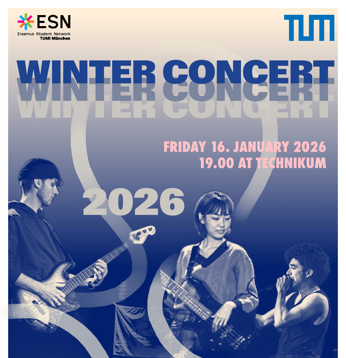Beim ESN TUMi Winter Concert 2026, treten ungefähr 10–11 Studentenbands auf, viele von Erasmus-Studierenden, die sich bei unseren Pre-Events kennengelernt haben, bringen eine vielfältige Mischung a…