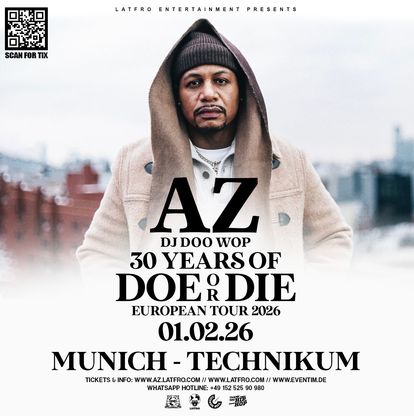 AZ KÜNDIGT “30 YEARS OF DOE OR DIE” EUROPA-TOUR 2026 AN–EINMEILENSTEIN DES HIP-HOP Zum 30. Jubiläum seines Debüt-Albums Doe or Die geht AZ 2026 auf große Europatour–begleitet von DJ Doo Wop .Die To…