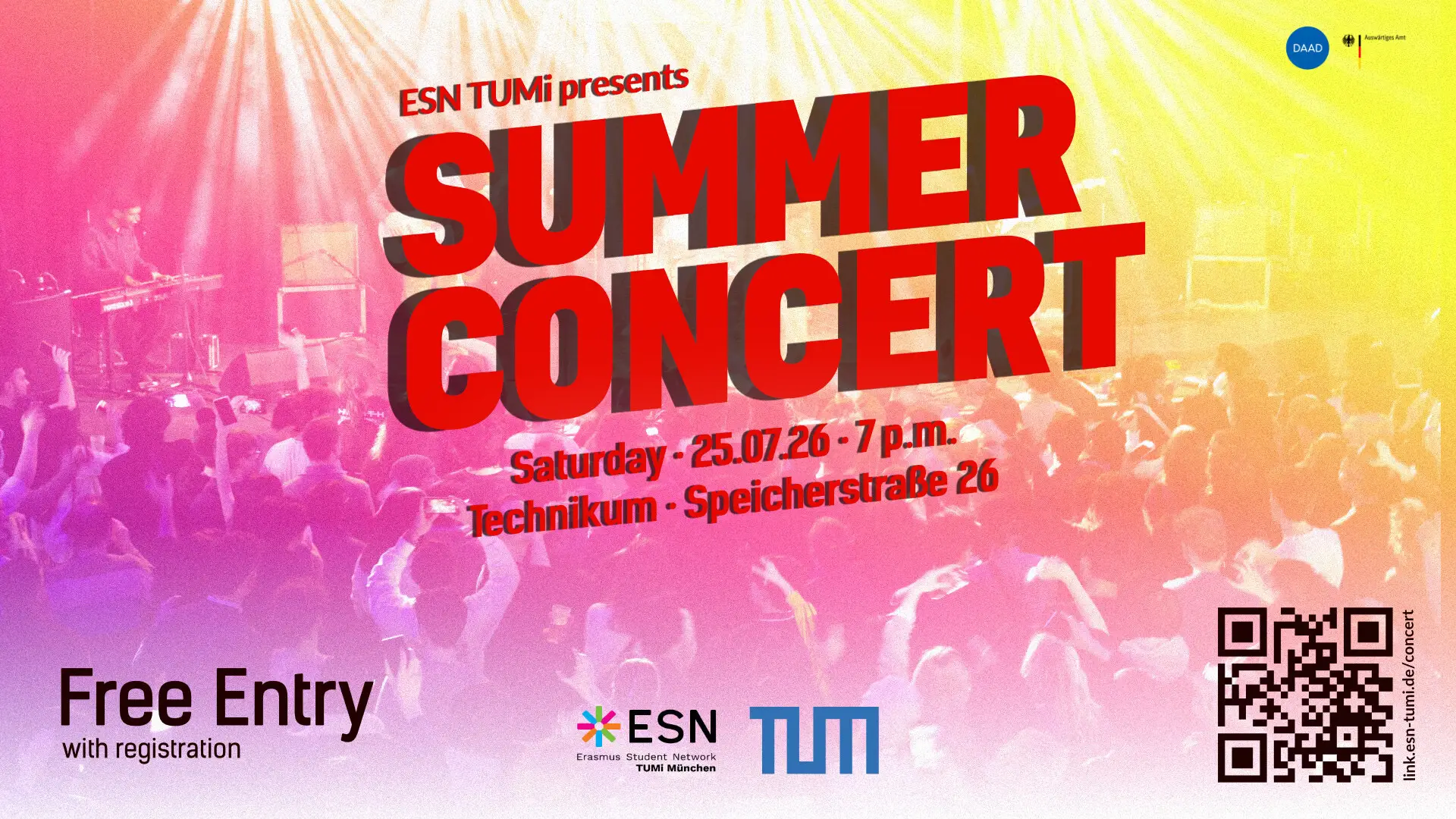 Das Erasmus Student Network (ESN) TUMi lädt Sie zu einer Nacht voller Musik, Energie und Sommerstimmung ein! 🌞 Zwölf studentische Bands werden die Bühne beteten, um alles zu liefern, was man sich w…